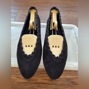 Unisa Black Suede Ballet Flats – Braided Trim, Size 7B, Made in Spain